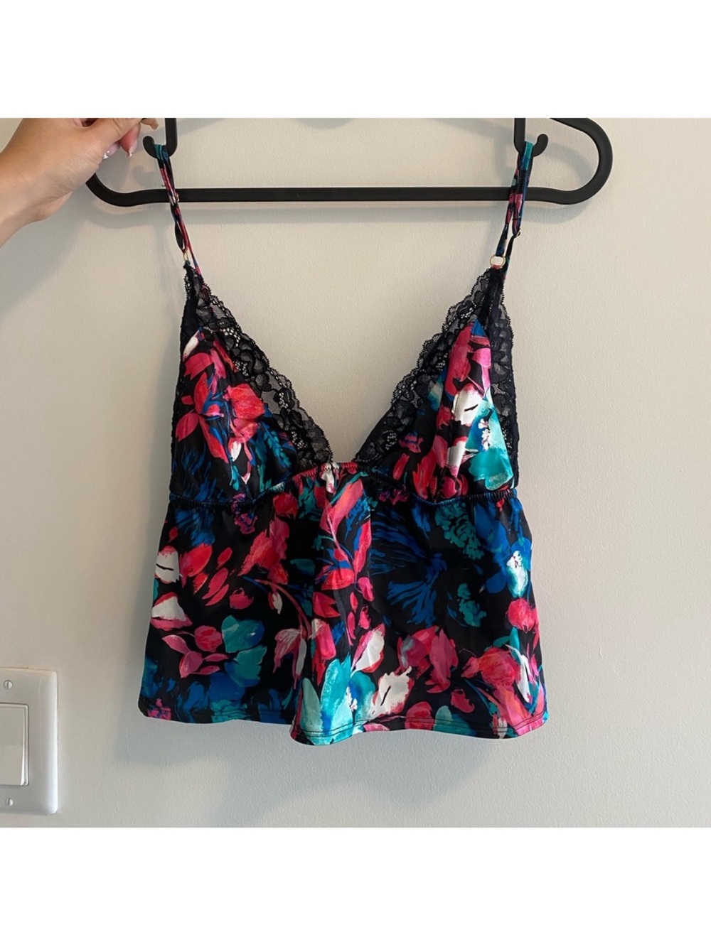 La SENZA Black Satin Floral Lace-Trim Cami - Pink & Teal Accents